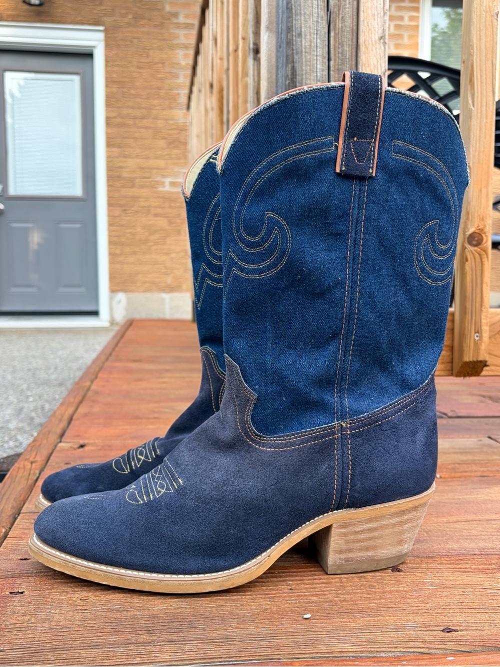 Vintage TEXAS Brand Denim & Suede Cowboy Boots Made in USA Men’s 13D Western